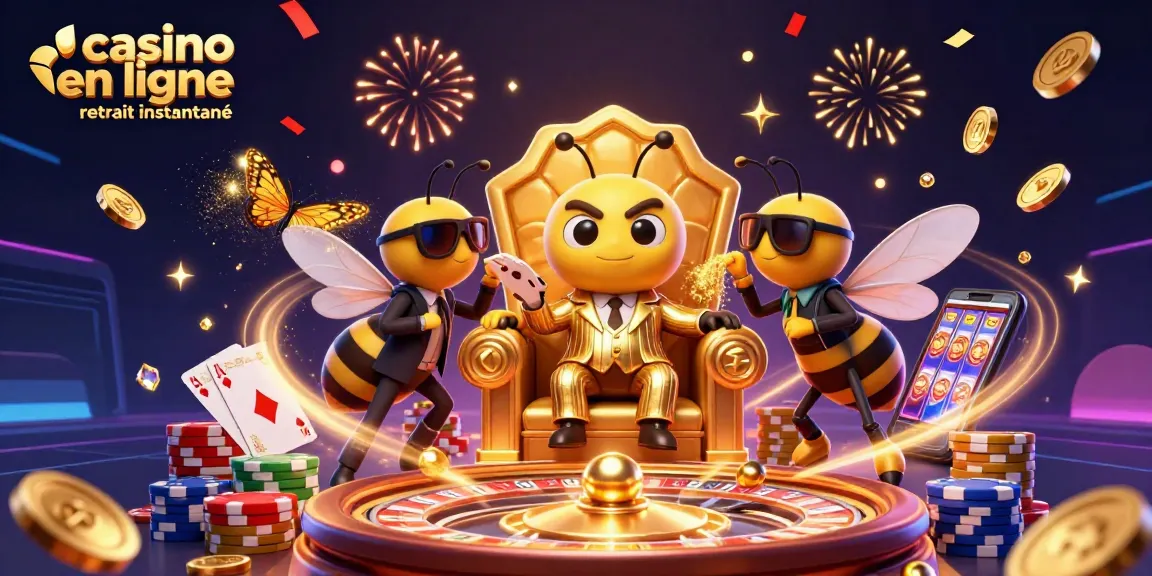 Visuel dynamique de casino en ligne retrait instantané avec un boss abeille et ses gardes, entourés de jetons et de cartes.