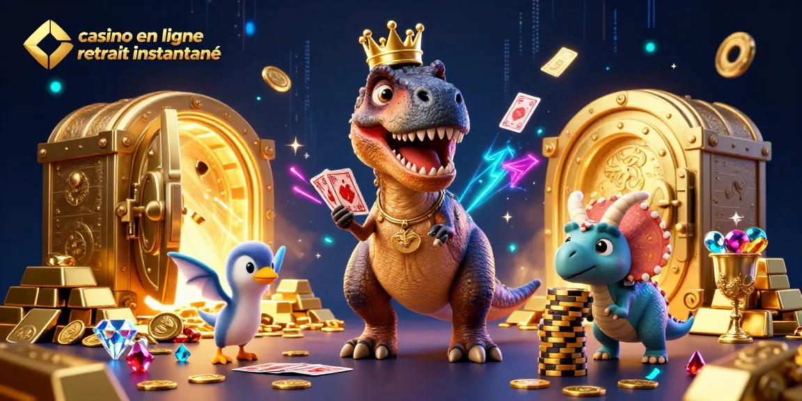 Illustration d'un T-Rex de casino en ligne retrait instantané jouant aux cartes entouré de trésors scintillants.