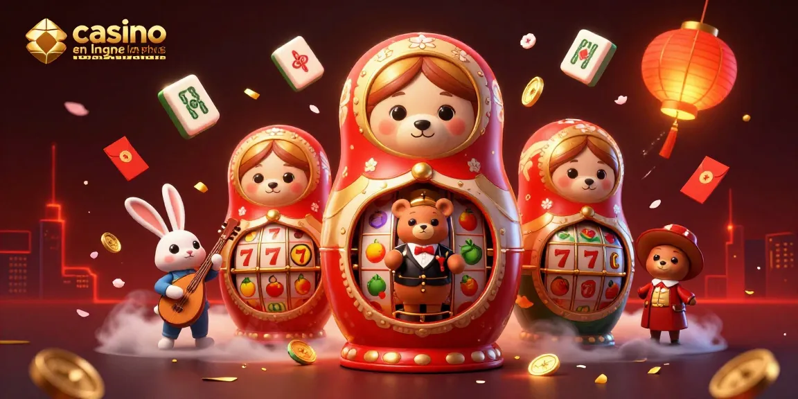 Illustration animée représentant un ours Matryoshka et des ours croupiers dans un casino en ligne le plus payant.