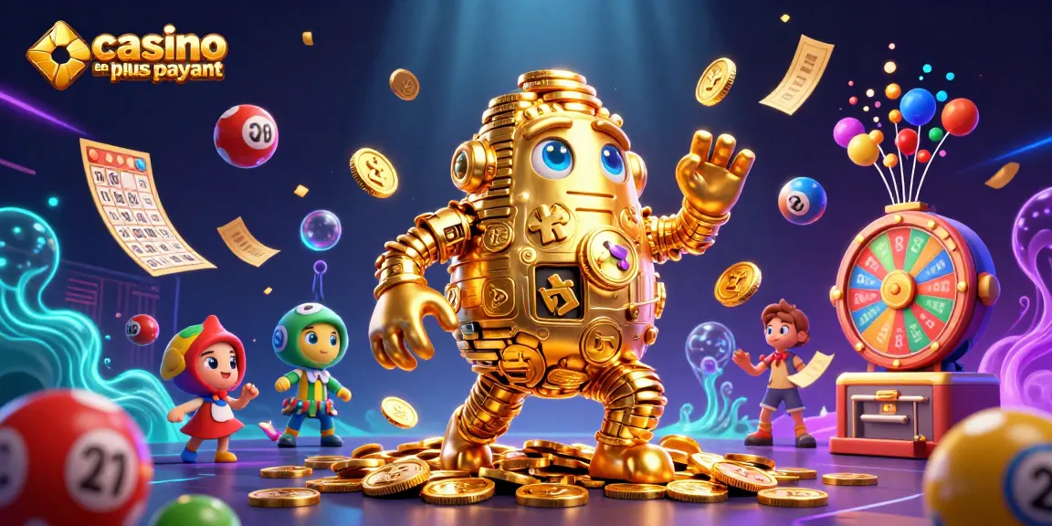 Illustration vibrante de casino en ligne le plus payant avec un golem en or et des éléments ludiques.
