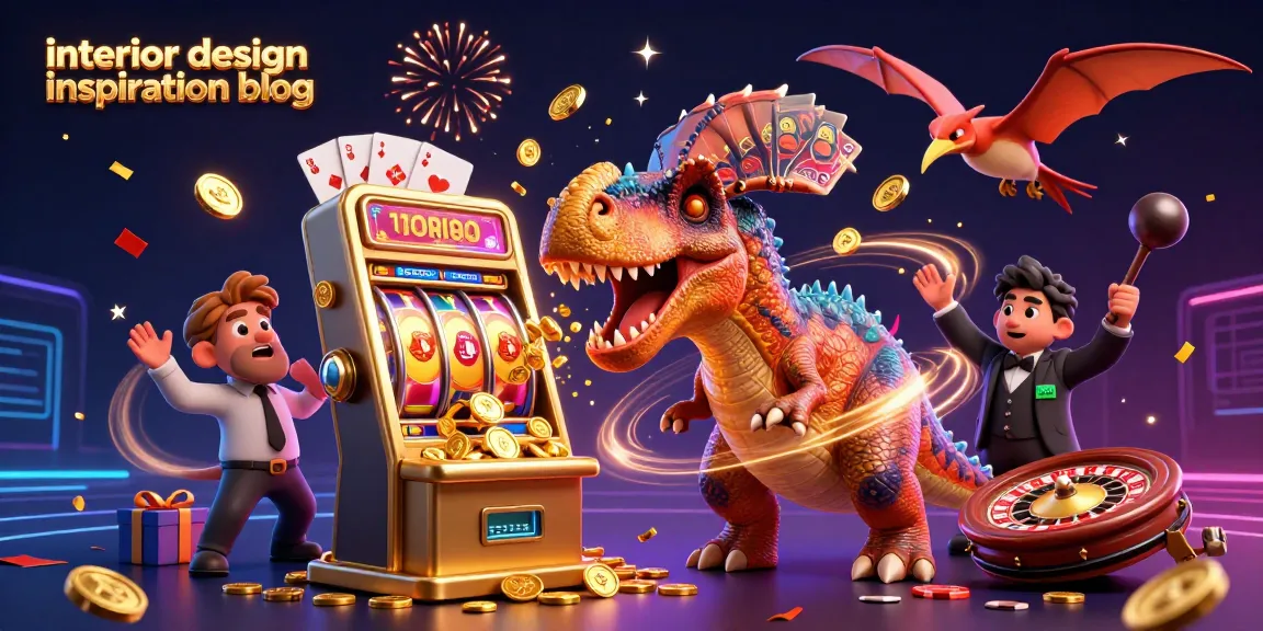 Engaging interior design inspiration blog scene with a pachycephalosaurus and casino elements.