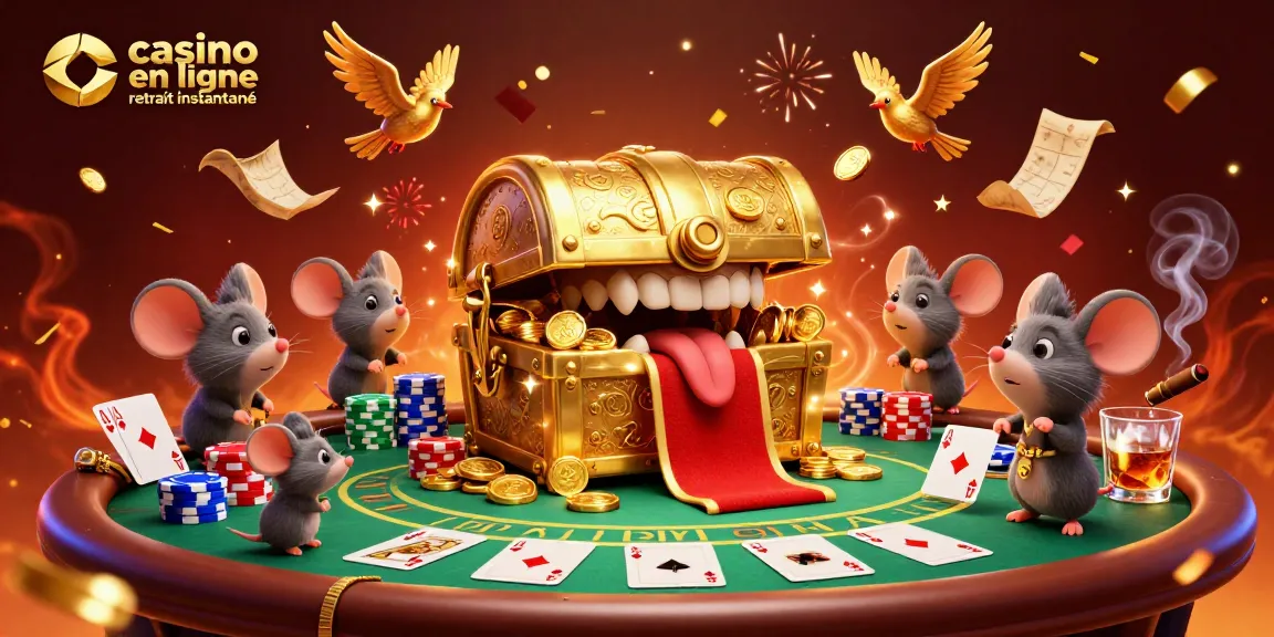 Illustration animée représentant un casino en ligne retrait instantané avec des éléments de poker et de festivités.