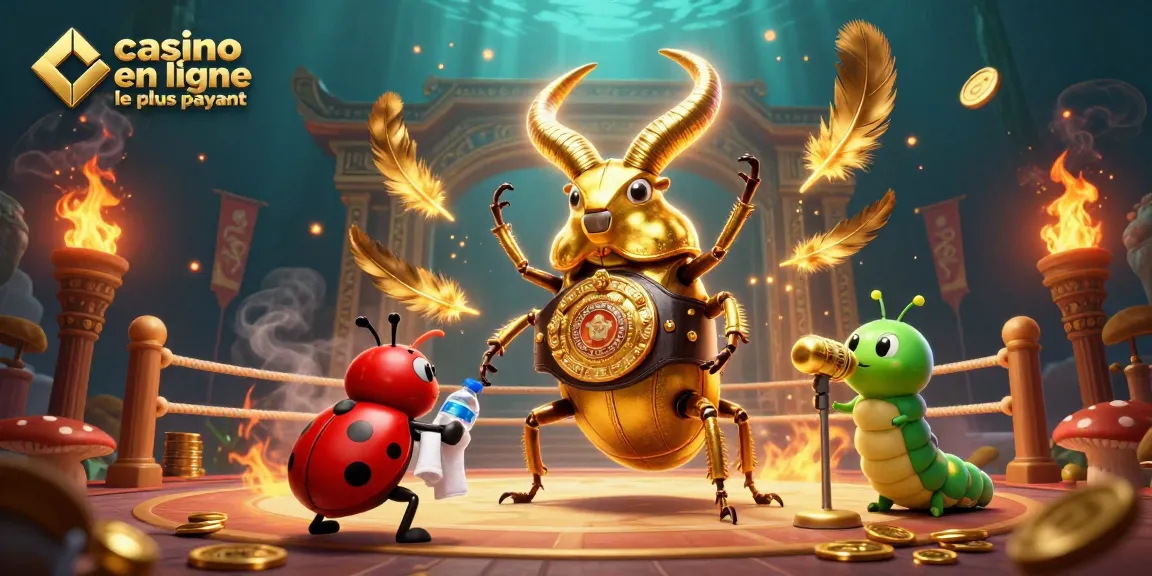 Action intense au casino en ligne le plus payant illustrant un scarabée géant en combat sur scène avec des éléments de jeu.