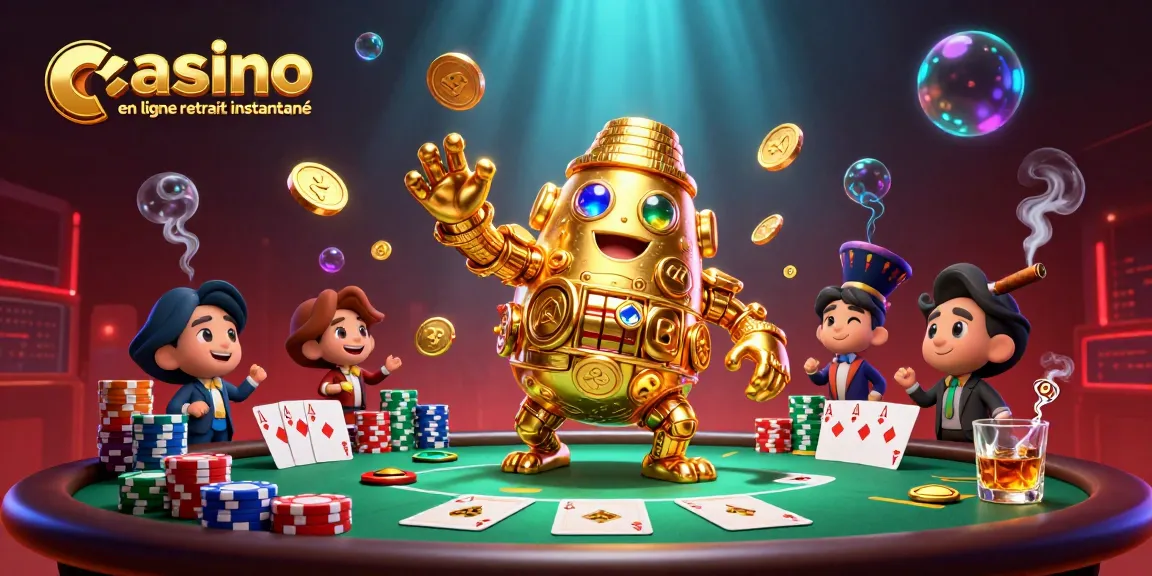 Visualisez le casino en ligne retrait instantané avec un golem doré, des cartes et des jetons sur une table de poker.