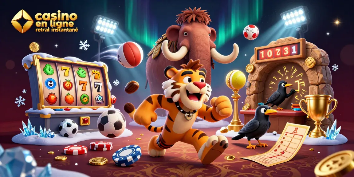Jouez au casino en ligne retrait instantané avec des personnages de la préhistoire et des éléments de casino entourés de symboles de jeux.