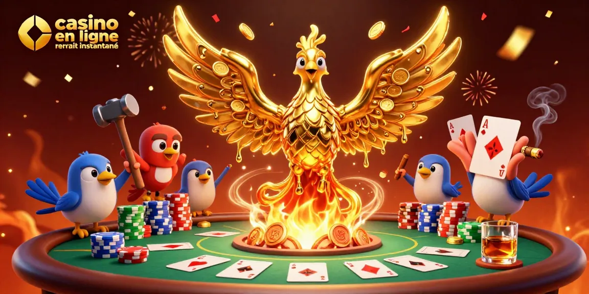 Action de gagner au casino en ligne retrait instantané avec un phénix en or et des éléments de poker