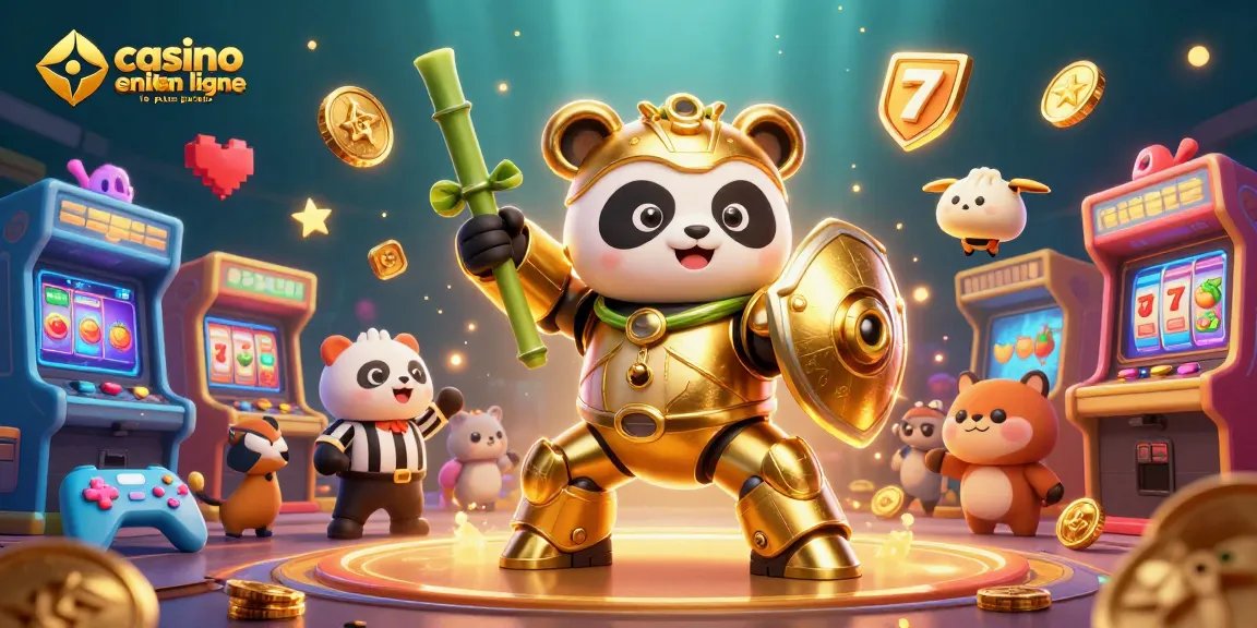 Illustration 3D dynamique illustrant le casino en ligne le plus payant avec un panda en armure, machines à sous et spectateurs animaliers.