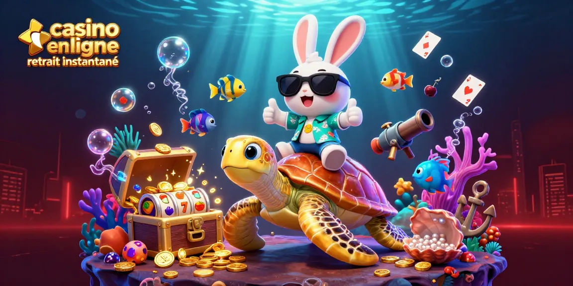 Jouez au casino en ligne retrait instantané avec un lapin chanceux et une tortue dorée dans une scène colorée.