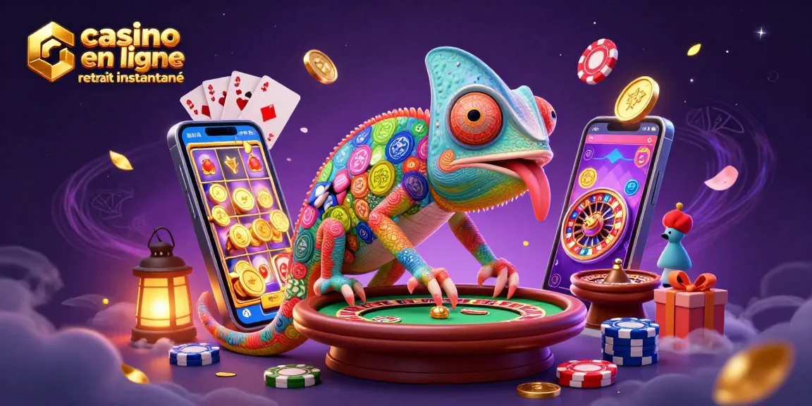 Plongez dans l'univers du casino en ligne retrait instantané avec un caméléon propriétaire, jeux d'argent et pièces dorées.