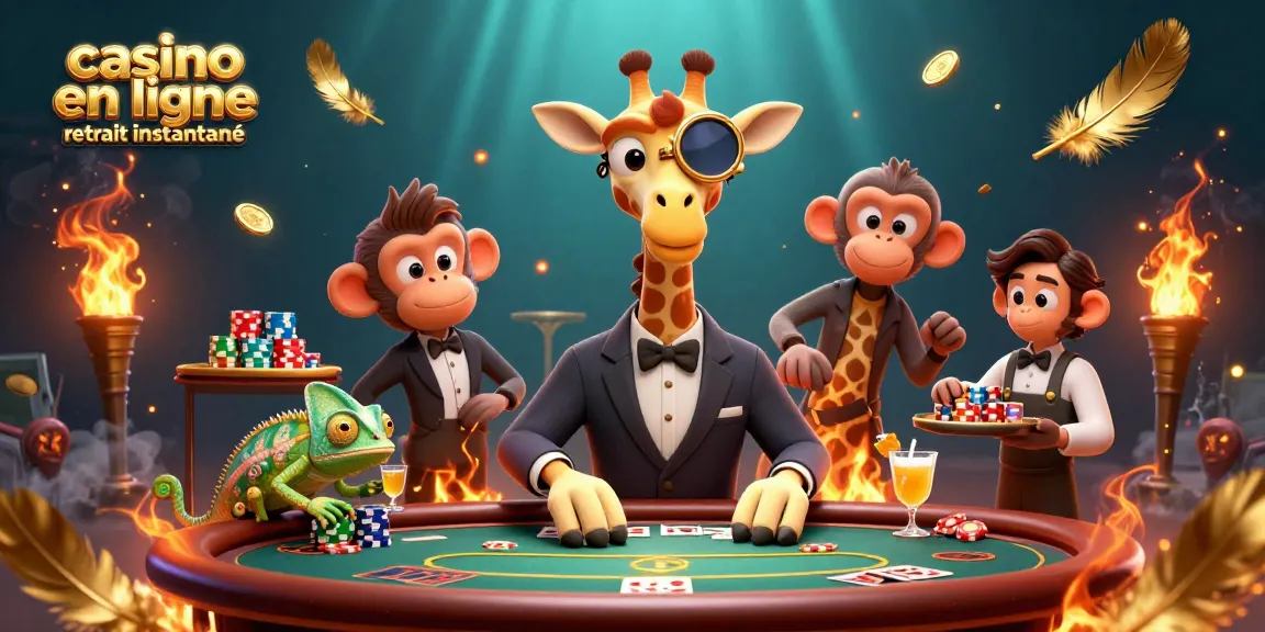 Les joueurs de casino en ligne retrait instantané apprécient la scène animée d'une girafe en costume jouant au poker avec des jetons dorés.