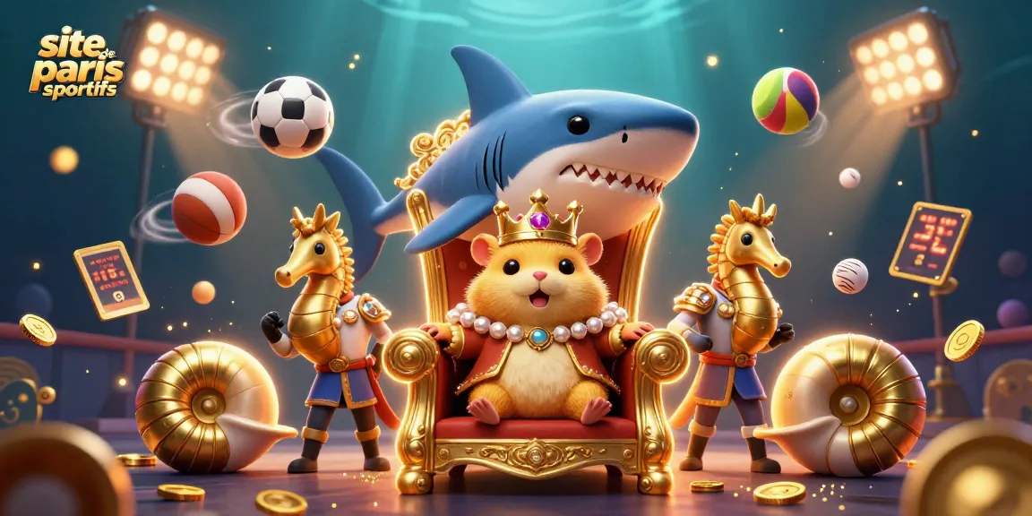Site de paris sportifs illustré avec un roi hamster doré sur un trône de dents de requin.