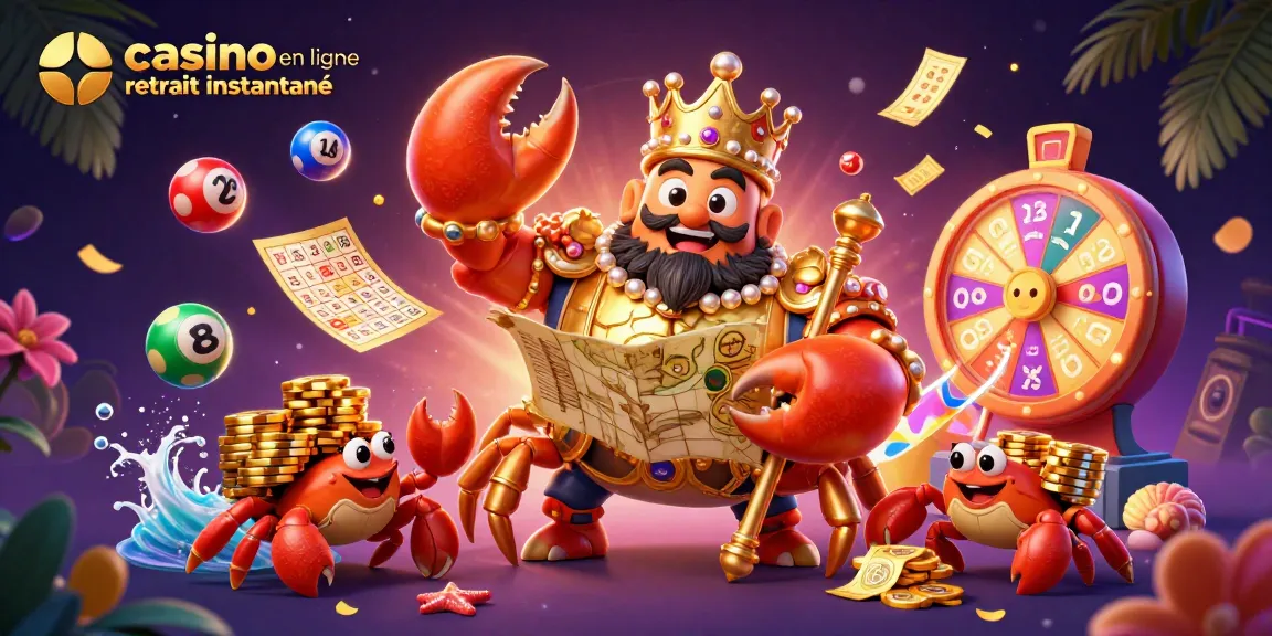 Visualisez le monde de casino en ligne retrait instantané avec un crabe doré royal entouré de balles colorées et d’effets d’argent.