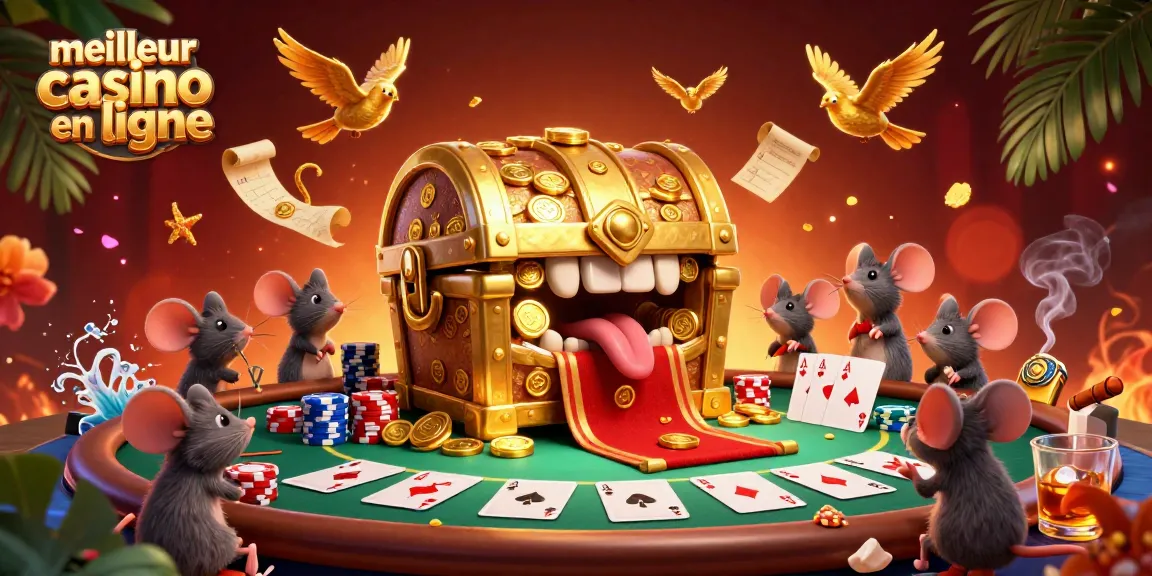 Illustration captivante d'un trésor avec le meilleur casino en ligne, attirant des souris aventurières.