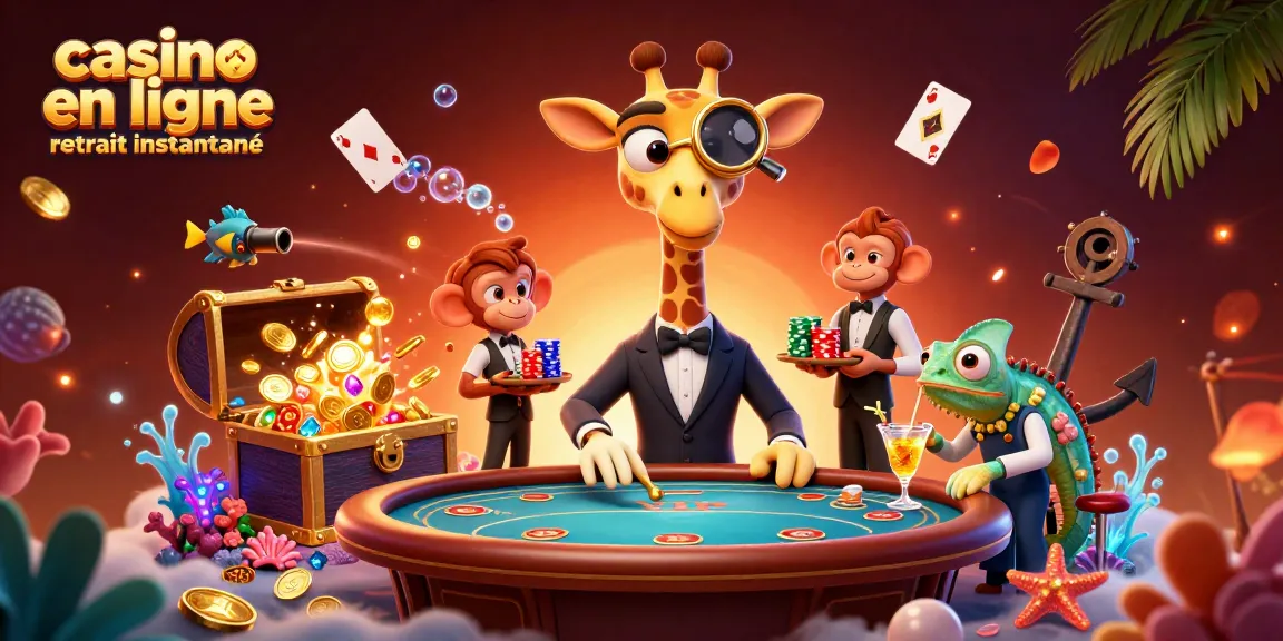 Découvrez un casino en ligne retrait instantané animé avec une girafe, un valet et un barman, remplis de jeux et de trésors.