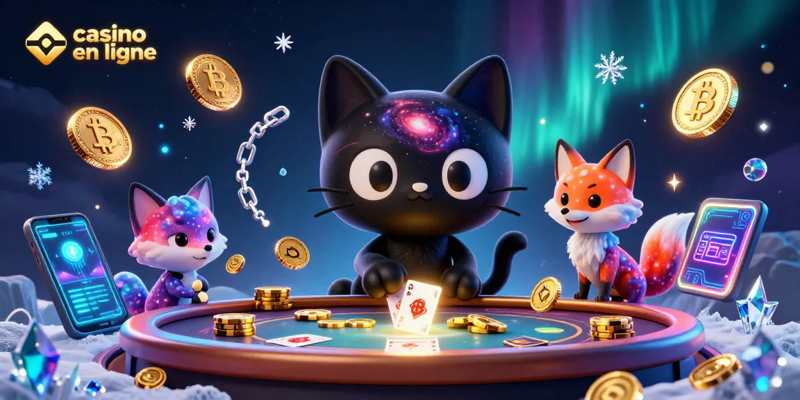 Jouez au casino en ligne crypto avec un chat gravitationnel et une renarde nébuleuse entourés de pièces de Bitcoin.