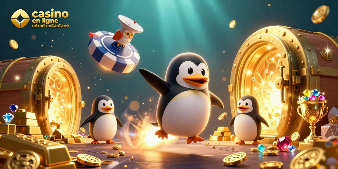 Jouer dans un casino en ligne retrait instantané avec un pingouin doré propulsé par fusée, récoltant des pièces d'or.