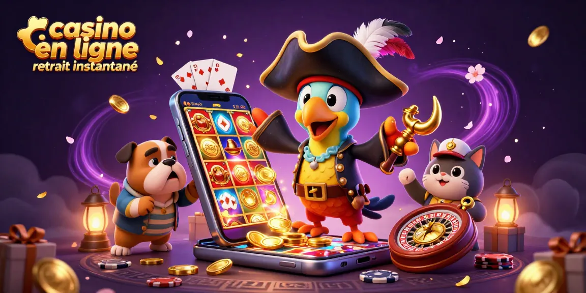 Une scène dynamique représentant un retrait instantané dans un casino en ligne avec un perroquet pirate et un bulldog sur fond purpurin.