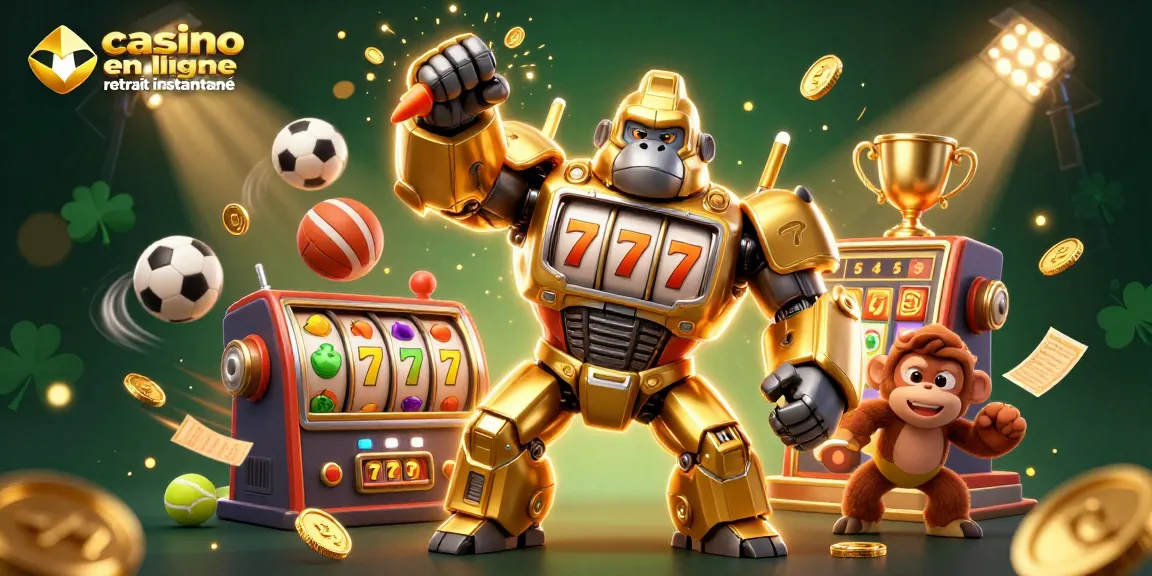 Illustration dynamique représentant le casino en ligne retrait instantané avec un mécanisme de gorille doré et des éléments de jeux variés.