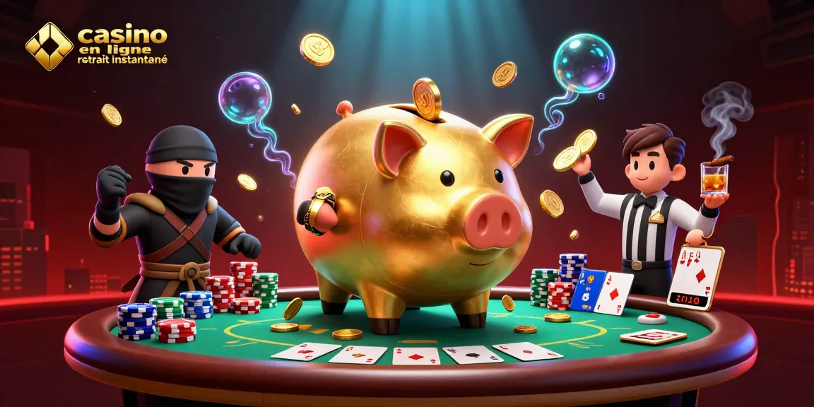 Casino en ligne retrait instantané : Lutte dynamique entre un sumo, un ninja et un samouraï autour d'une table de poker.