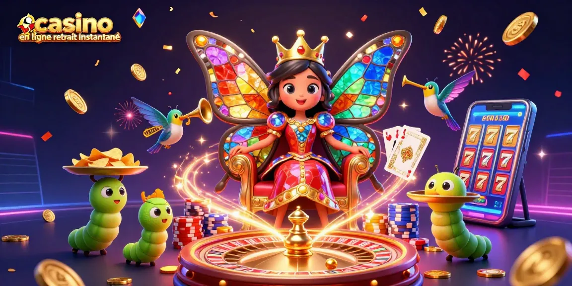 Profitez des jeux dans un casino en ligne retrait instantané avec une reine en papillon et des éléments de jeux animés.