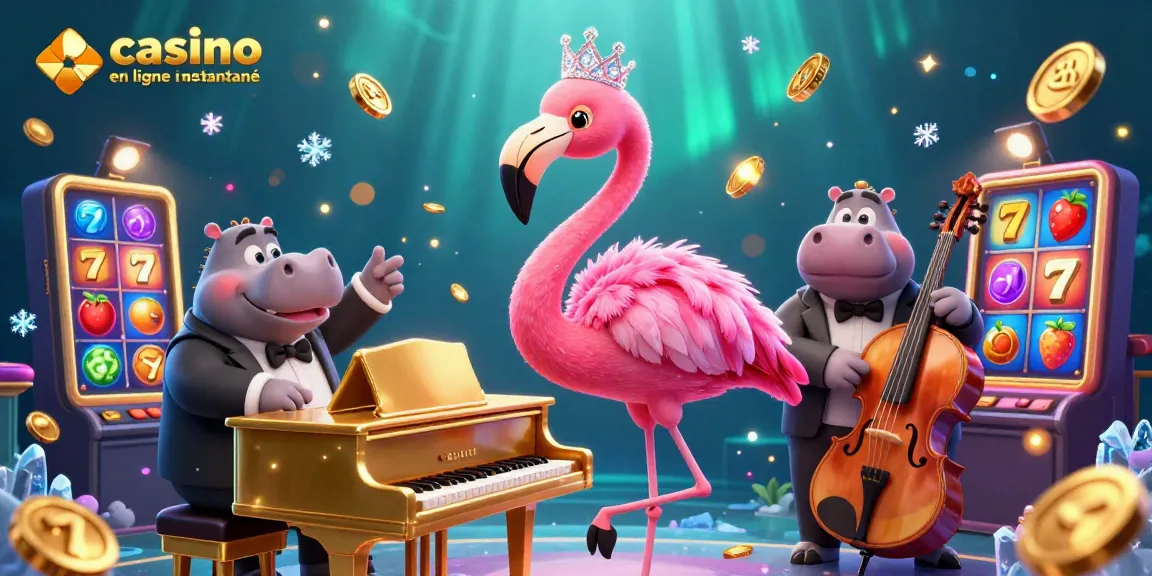 Découvrez une scène animée de casino en ligne retrait instantané avec un flamant tropical et un hippopotame, entourés de machines à sous colorées.