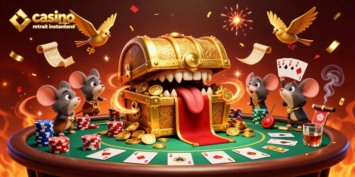 Retrait instantané dans un casino en ligne, trésor doré attirant les joueurs avec des jetons de poker colorés.