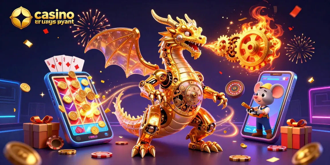 Illustration dynamique de casino en ligne le plus payant avec dragon, smartphone et feux d'artifice.