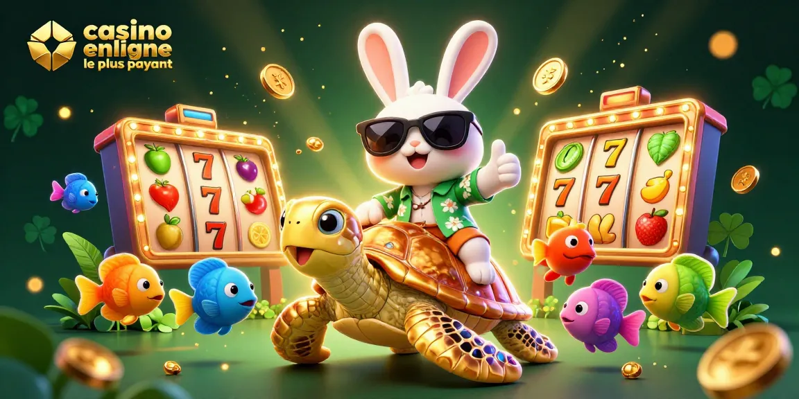 Profitez du casino en ligne le plus payant avec un lapin chanceux et une tortue dorée dans une scène colorée.