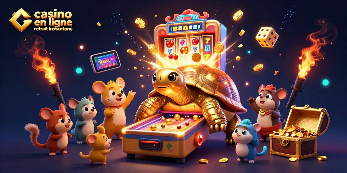 Jouer au casino en ligne retrait instantané avec une tortue dorée géante et un jackpot éclatant.