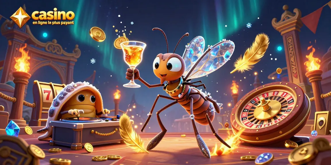 Image représentant le casino en ligne le plus payant avec un moustique mascotte et un DJ trilobite.